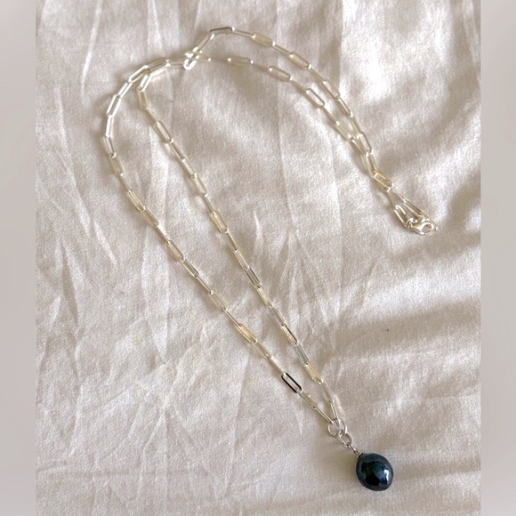 Sterling Silver Black Pearl Paperclip Chain Necklace - Picture 2 of 4